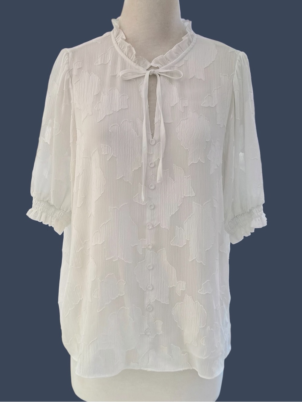 Joie White Burnout Floral Overlay Short Puff Sleeve Ruffle Collar Blouse, L
